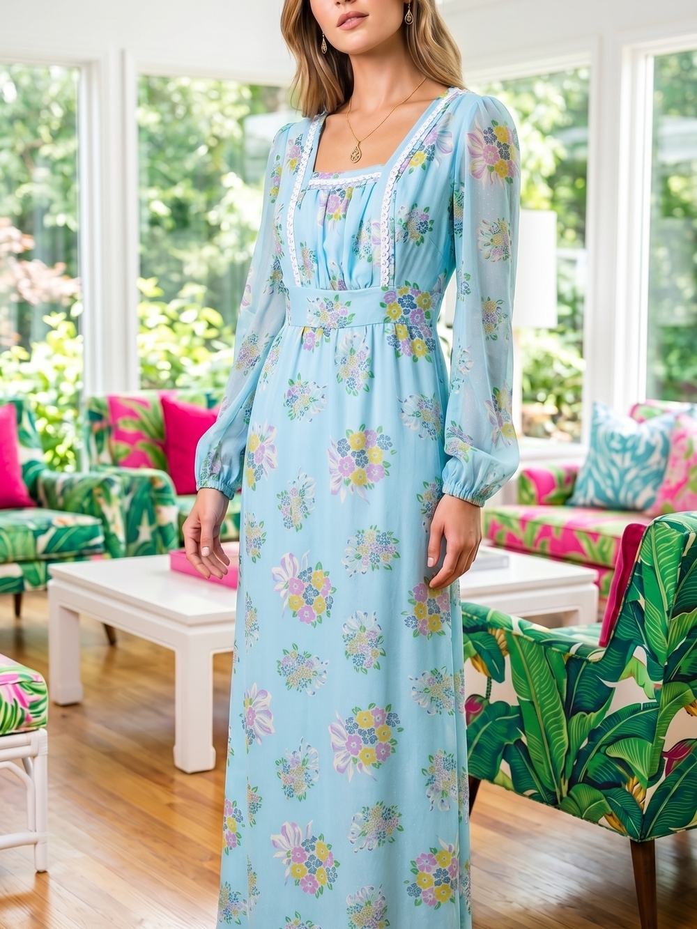 Vintage 70s Sky Blue Floral Maxi Dress with Square Neck and Long Sleeves Boho